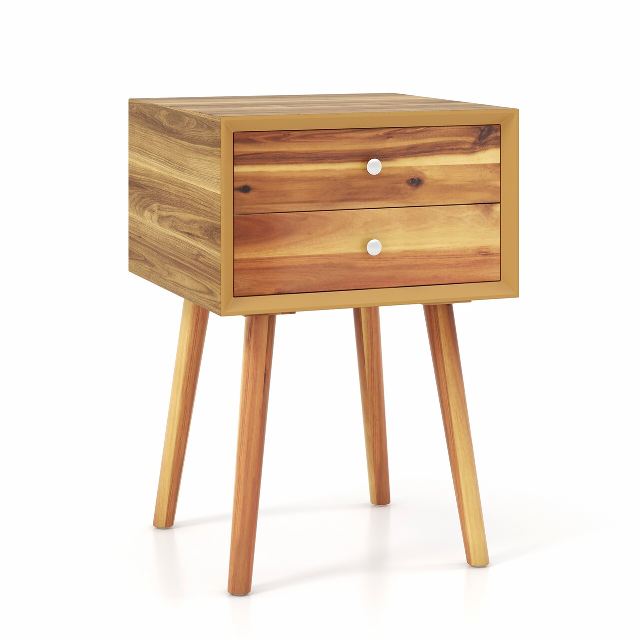 Wooden End Table with 2 Storage Drawers Mid-Century Modern Nightstand